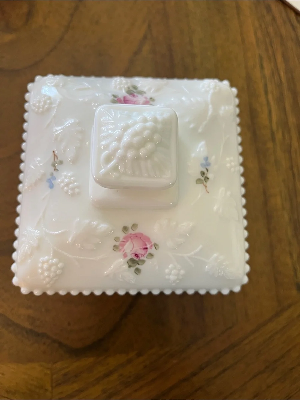 Westmoreland White VintageMilk Glass Wedding Box with Pink Rose and Green Leaves
